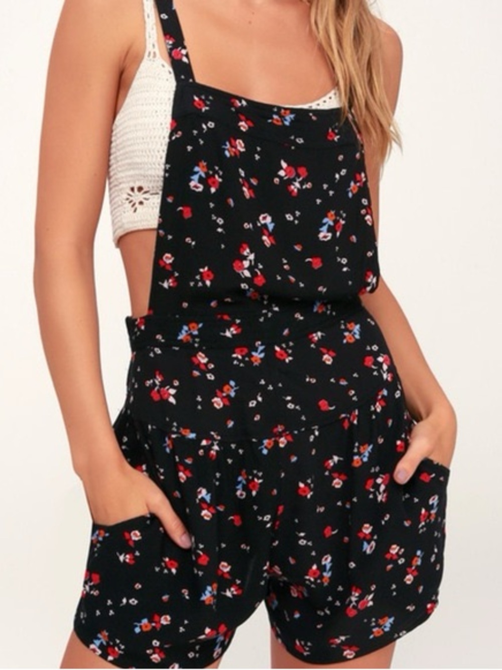 Free People Sweet In The Streets Floral Short Overalls Romper Black Size Medium